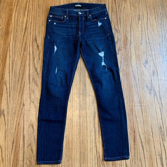 Express Dark Wash Legging Mid Rise Stretch 4s 4c Distressed Hole Blue Skinny - Picture 1 of 11